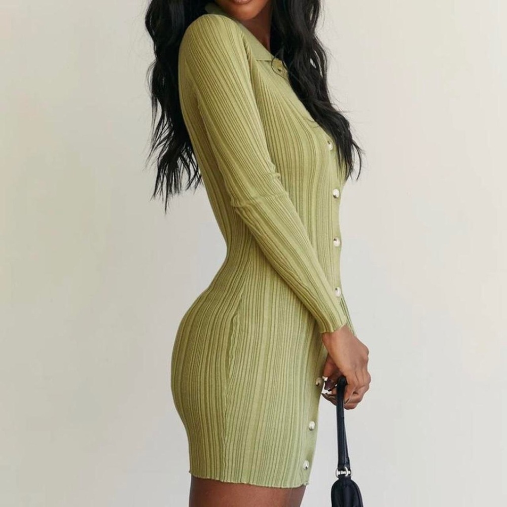 Princess Polly Rib Collared Long Sleeve Sweater Minidress Green Button-Up sz M/L